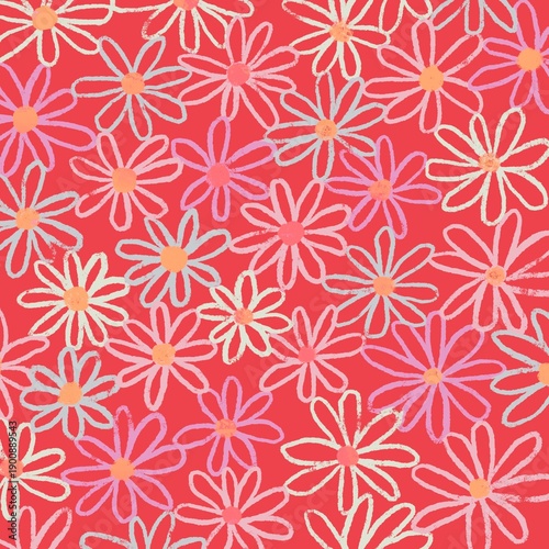 Vibrant red daisy floral background, colorful doodle flower digital paper for gift wrap. red and pink shade pattern .