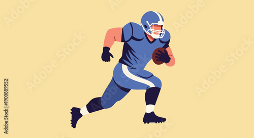 An illustrated American football player in a blue uniform runs powerfully across a light background, clutching the ball.