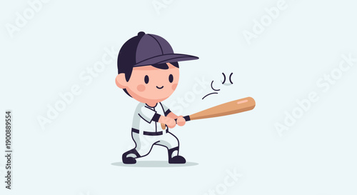 An adorable cartoon baseball player wearing a cap and uniform, holding a wooden bat in a dynamic pose.
