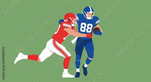 Dynamic illustration of an American football player in blue running with the ball as an opponent in red attempts a tackle.