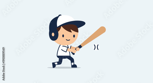A cheerful cartoon boy in a baseball uniform swinging a bat with motion lines.