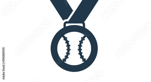 A simple graphic illustration depicting a dark blue medal with a baseball design in the center, suspended from a ribbon.