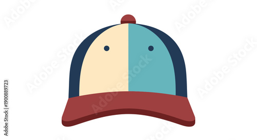 A colorful flat illustration of a baseball cap featuring a split cream and blue crown with a dark red brim.