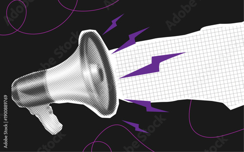 Halftone Megaphone with Dynamic Purple Lightning Bursts and torn paper on Black Background