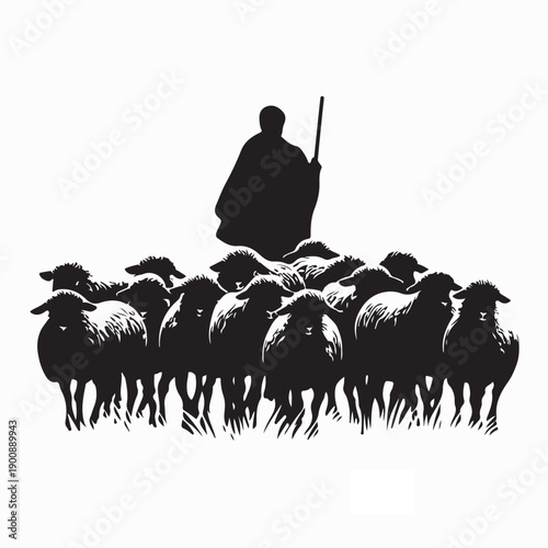 Shepherd Leading Flock of Sheep Silhouette Vector on White Background
