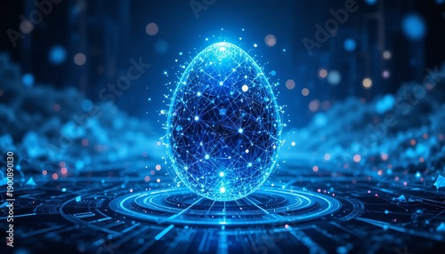 A glowing blue Easter egg with a futuristic design and neon lights on a digital background