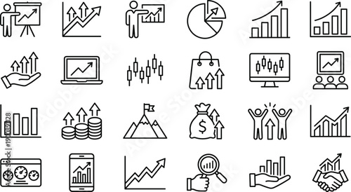 Business and finance line icons set showing growth charts, analytics, investment, marketing strategy, data visualization symbols for corporate reports and digital presentations