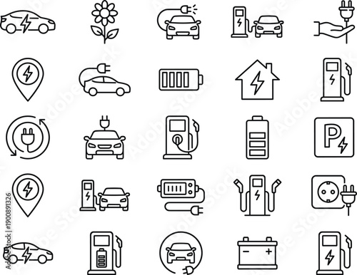 Electric vehicle charging and renewable energy line icons set featuring EV cars, charging stations, batteries, green power, sustainability, and clean transportation symbols for modern design