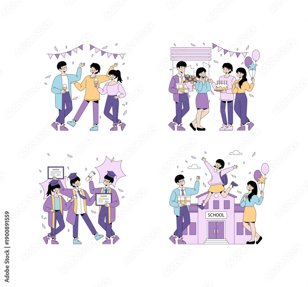 Fototapeta premium Graduation and Celebration Vector Illustration Set