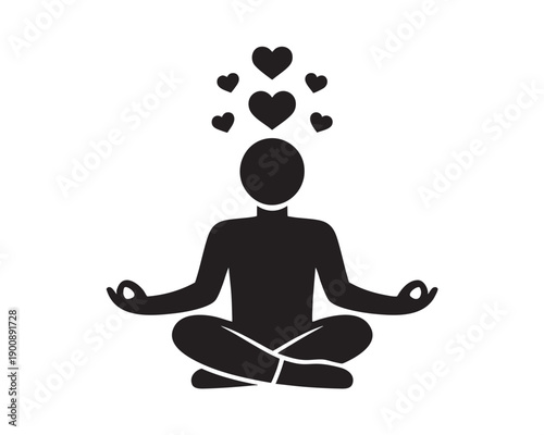 Meditating Person with Hearts Above Head on White Background
