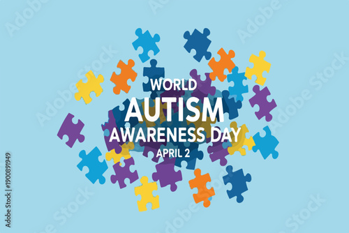 World Autism Awareness Day April 2 Puzzle Pieces Banner Vector Illustration, World Autism Awareness Day Celebration. 
World Autism Day background. April 2. Cartoon Vector illustration design Template 