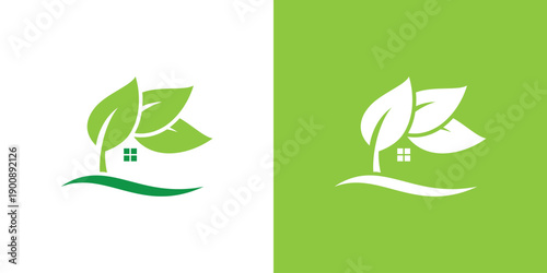 EcoFriendly Home Logo Green Leaves and Sustainable Living Concept.