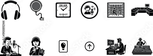 Black Podcast Studio and Audio Recording Icons Set