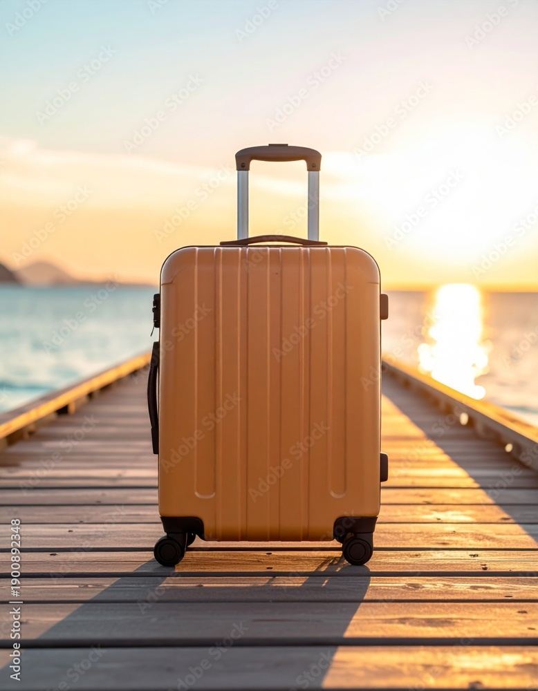 Fototapeta premium Solo Brown Suitcase Standing on a Wooden Pier at Golden Sunset