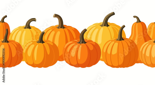 A seamless border of various orange and yellow pumpkins, perfect for autumn and Halloween designs.