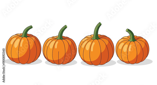 Four vibrant orange pumpkins with green stems lined up horizontally on a white background, ready for autumn or Halloween decorations.
