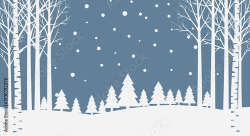 A serene winter landscape illustration with falling snow, white birch trees, and evergreen pines on a snowy ground under a blue sky.