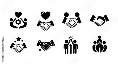 A collection of black and white icons representing teamwork, partnership, agreement, community, and collaboration concepts.
