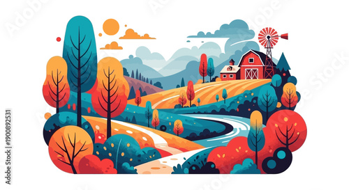 Vibrant stylized autumn landscape with a red farm barn, windmill, winding river, and colorful trees under a bright sky.