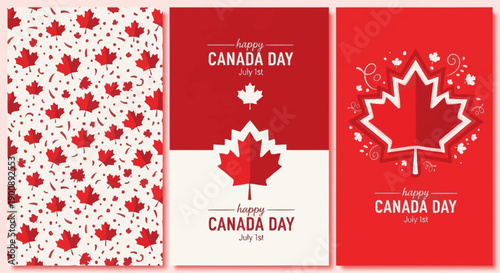 Three distinct graphic designs celebrating Canada Day with red maple leaves and festive typography on red and white backgrounds.