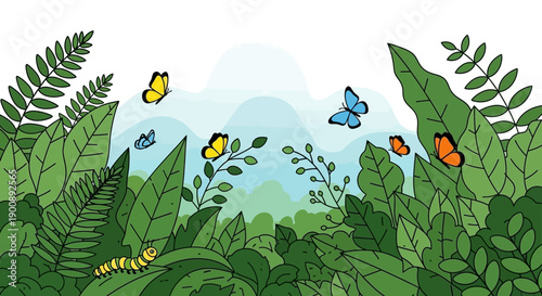 A vibrant illustration of a lush green jungle scene with colorful butterflies flying among various plants and a caterpillar on a leaf.