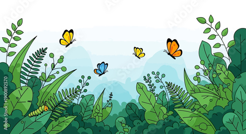 A vibrant illustration of butterflies flying over lush green foliage in a natural setting.