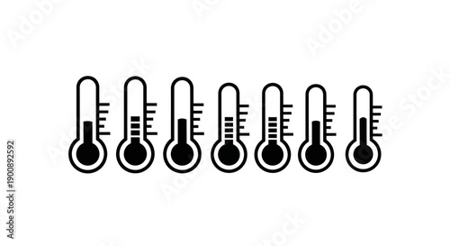 A row of seven black and white thermometer icons showing different temperature levels.