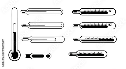 A collection of various thermometers, including a large vertical one and several horizontal ones showing different temperature readings.