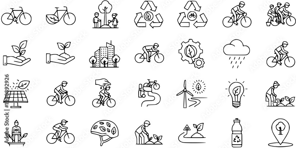 Fototapeta premium Eco-Friendly Cycling and Environment Line Icons Set. Sustainable Lifestyle Symbols.