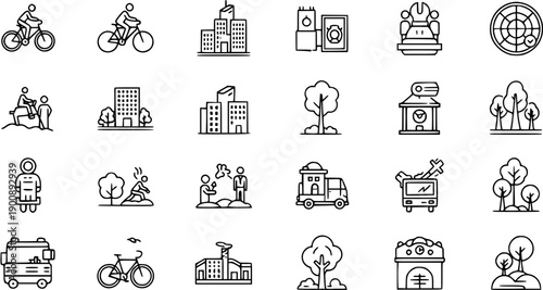 Outline Icon Set: Urban City, Nature, People, Transport  Lifestyle Activities