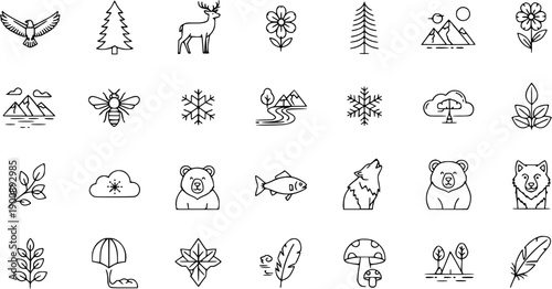 Nature, Wildlife, Weather, and Plant Line Art Icons Set