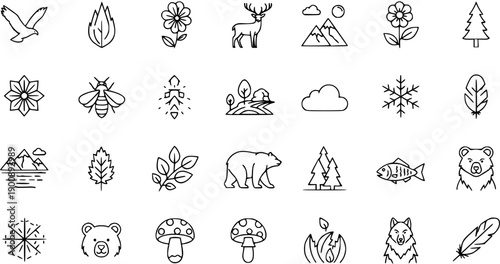 Nature  Wilderness Line Icons Set: Animals, Plants, Weather,  Forest Elements