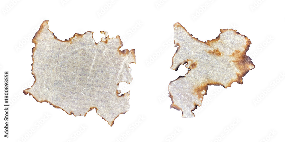 Naklejka premium Burnt Paper Pieces with Ancient Magical Inscriptions, Historical Notes, Torn Paper Scraps, Singed Papyrus, Halloween Vibe, Old Books, PNG Format, Perfect for Posters, Events, and Presenta