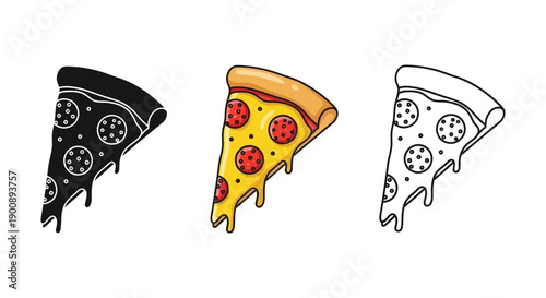 Pizza slice icon set in color, black silhouette, and outline styles