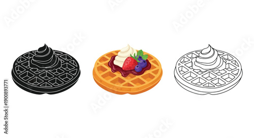 Waffle icon set in full color, black silhouette, and outline styles