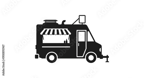 A minimalist black silhouette depicts a food truck with a serving window and rooftop accessories high quality professional