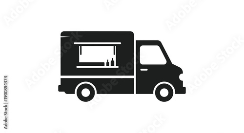 A simple black silhouette depicts a food truck showcasing a service window and wheels high quality professional detailed