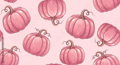 A seamless pattern of stylized pink pumpkins with curly stems on a pale pink background, perfect for autumn or Halloween designs.