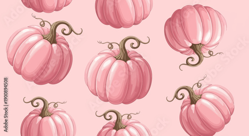 A collection of whimsical pink pumpkins with curly stems arranged on a soft pink background.