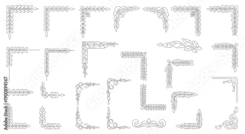 A collection of ornate decorative corner elements and borders in a vintage style, presented in a monochromatic line art format.