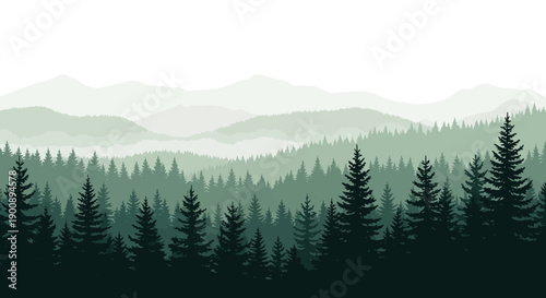A serene and misty forest landscape with layers of evergreen trees and distant mountains under a pale sky.