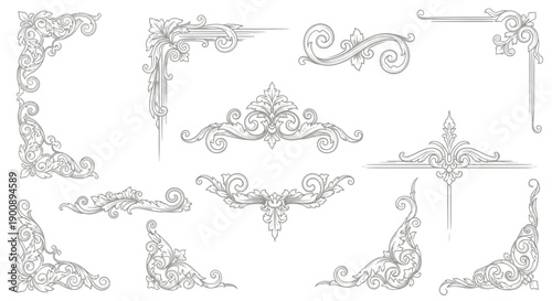Collection of ornate vintage decorative elements and corner flourishes in a detailed line art style.