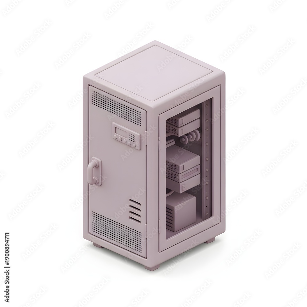 Fototapeta premium 3D isometric small data center server cabinet icon, network storage rack unit isolated on white background.