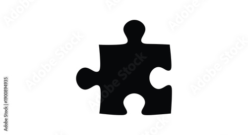 A stark black silhouette of a single puzzle piece isolated on a plain white background symbolizing connection