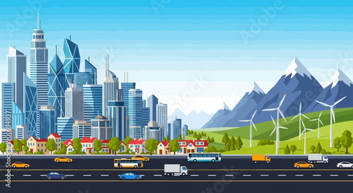 A panoramic view of a futuristic city transitioning into a natural landscape with wind turbines and mountains.