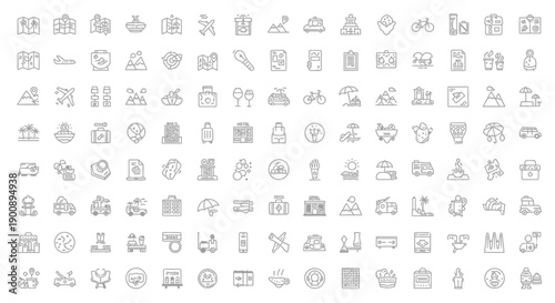 A comprehensive collection of line art icons representing various aspects of urban life, business, and industry.