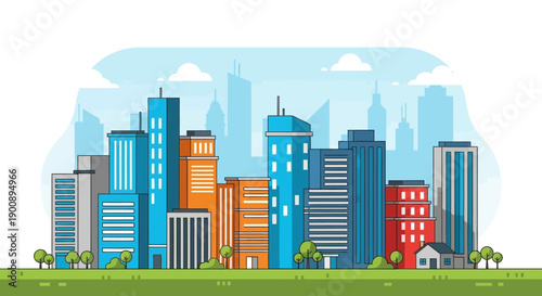 A vibrant cityscape illustration featuring a diverse collection of modern skyscrapers and buildings under a clear blue sky with fluffy clouds.