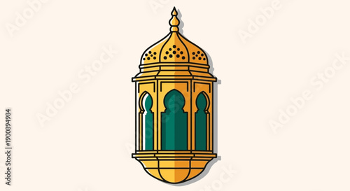 A detailed illustration of a golden Islamic lantern with intricate patterns and green glass panels.