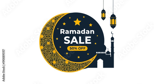 A graphic design featuring a Ramadan sale banner with a crescent moon, star, mosque silhouette, and lanterns, offering 50% off.