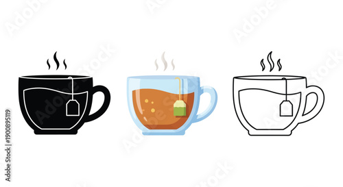 Hot teacup icon set in solid black silhouette, colored glass mug, and outline styles